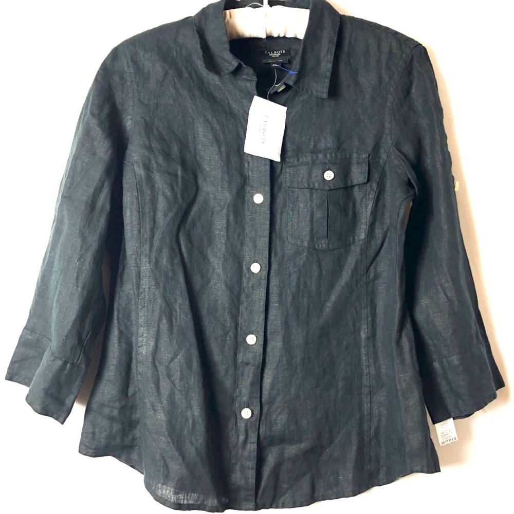 NWT Talbots women black linen blouse top shirt
